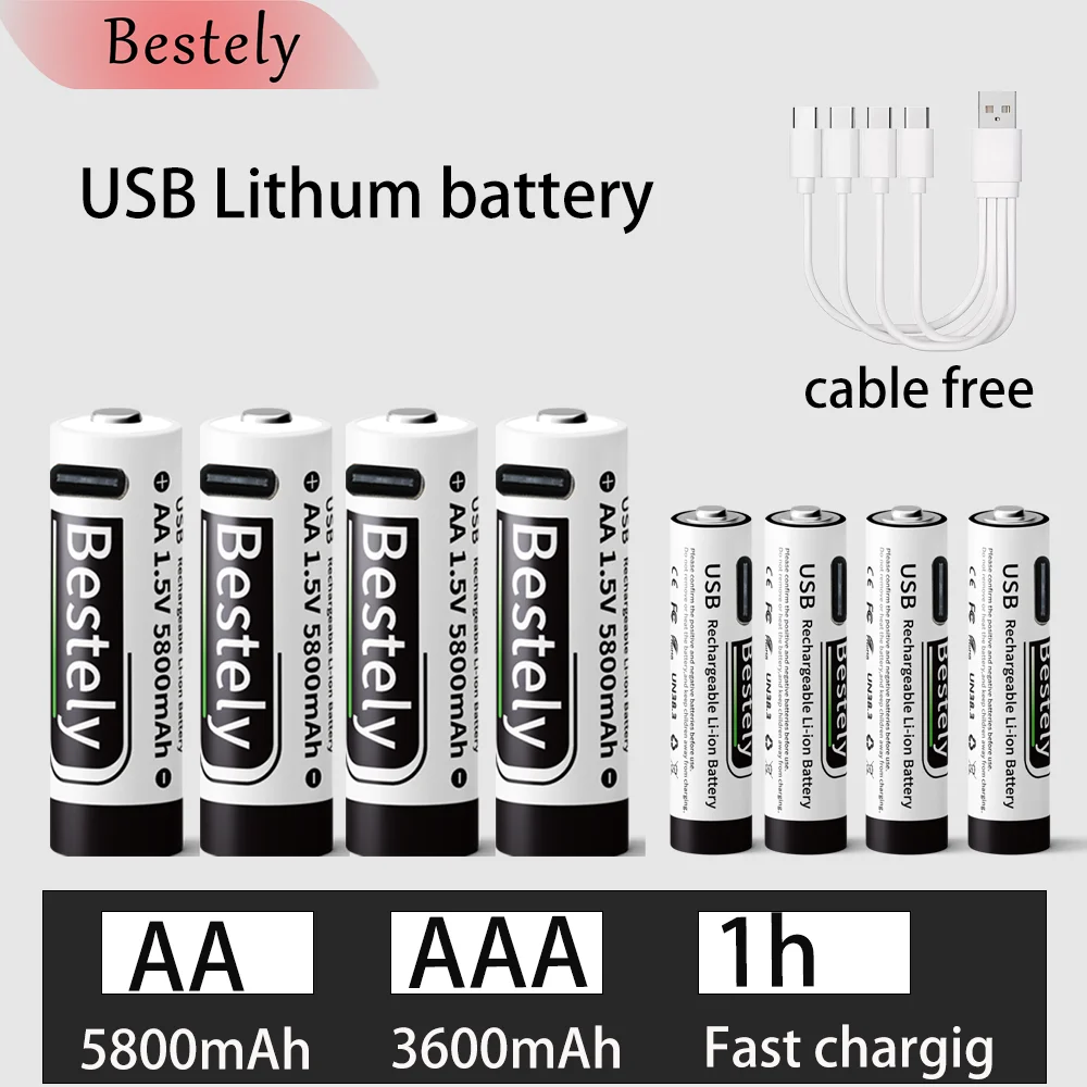 New 1.5V AA 5800mAh+AAA 3600mAh Lithium rechargeable Battery,USB Fast Charging Li-ion Battery , 2000 Cycles with USB- C Cable