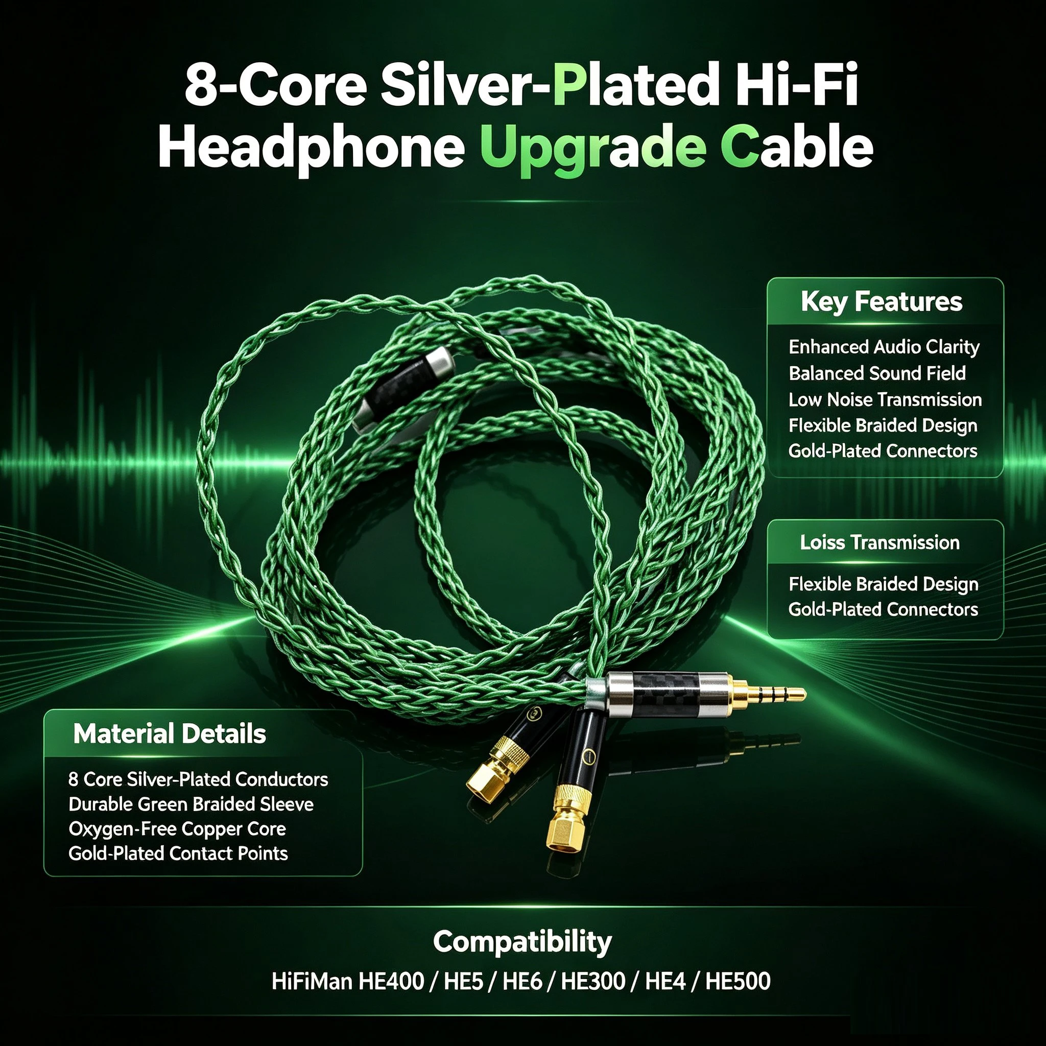 8 Core 2.5mm 3.5mm 4.4mm Silver Plated Headphone Replacement Upgrade Cable for HiFiMan HE400 HE5 HE6 HE300 HE4 HE500 DIY