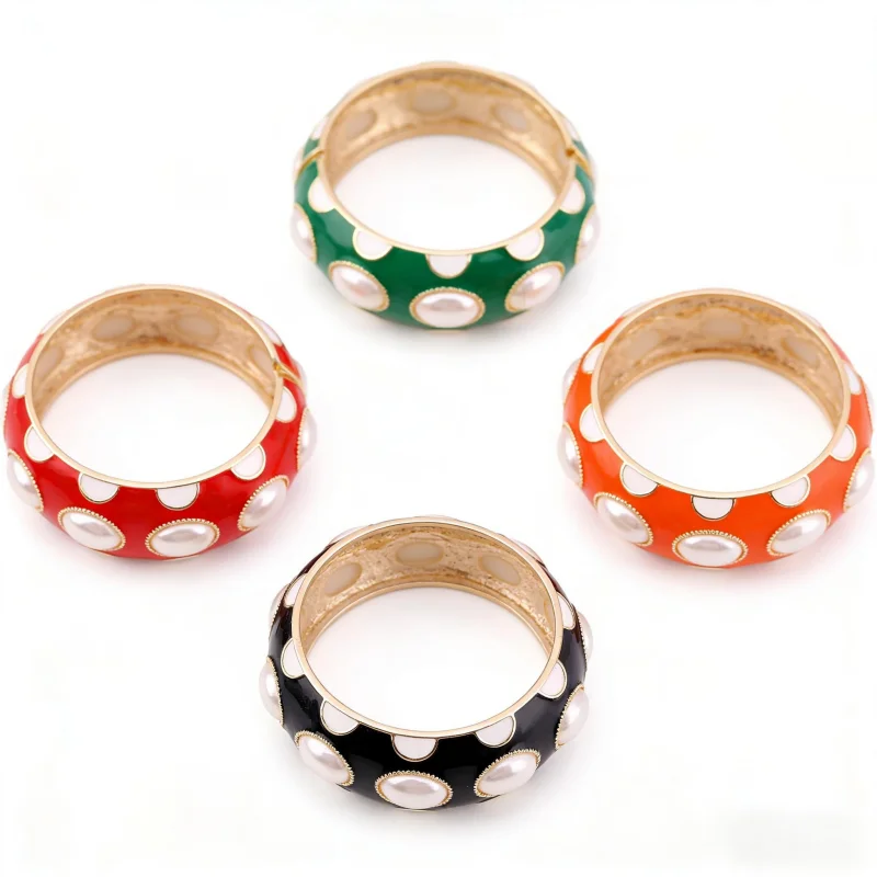 Luxury Enameled Cuff Bangle with Imitation Oval Pearls - New Women's Statement Bracelet Jewelry