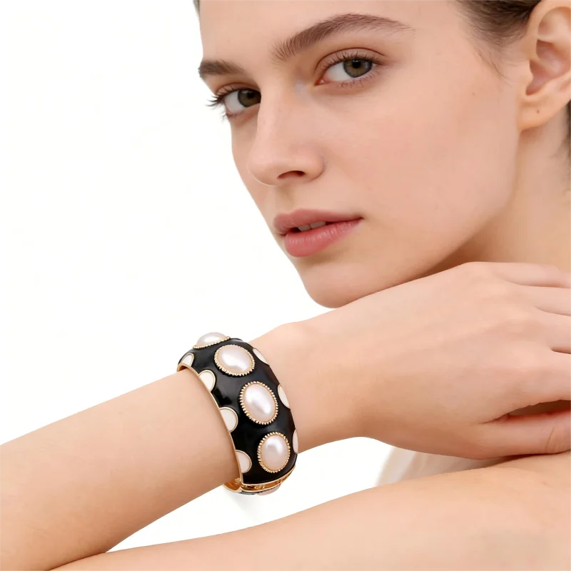 Luxury Enameled Cuff Bangle with Imitation Oval Pearls - New Women's Statement Bracelet Jewelry