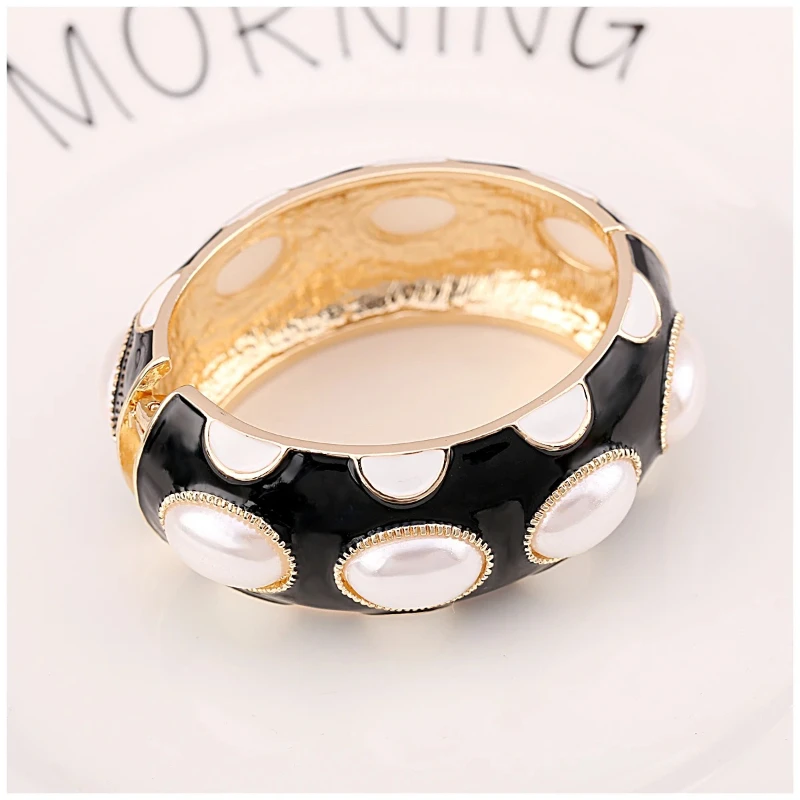 Luxury Enameled Cuff Bangle with Imitation Oval Pearls - New Women's Statement Bracelet Jewelry