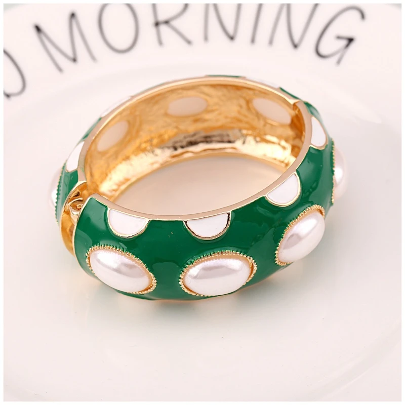 Luxury Enameled Cuff Bangle with Imitation Oval Pearls - New Women's Statement Bracelet Jewelry