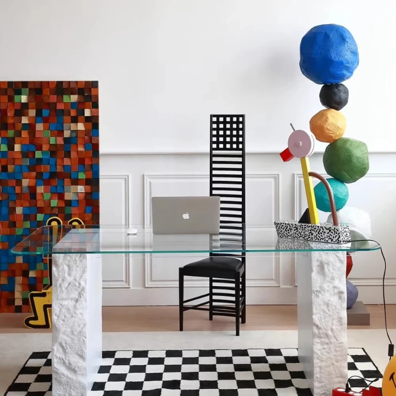Dining table Italian household light luxury Nordic imitation stone glass dining table rectangular oval island