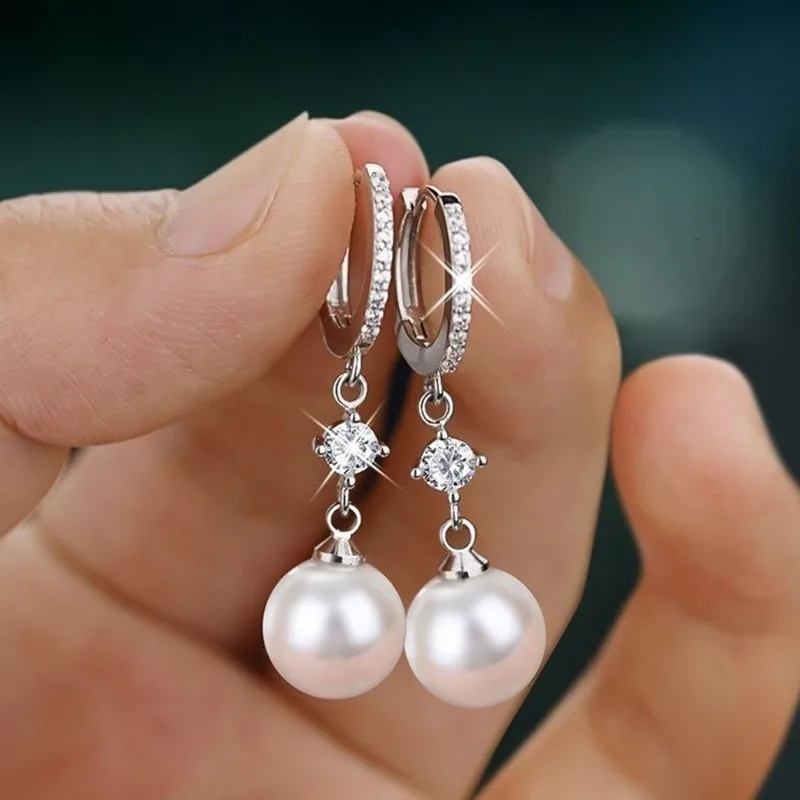 Huajie Imitation Pearl Shining Zircon Hanging Drop Earrings for Women Light Luxury Bridal Wedding Gorgeous Ear Jewelry