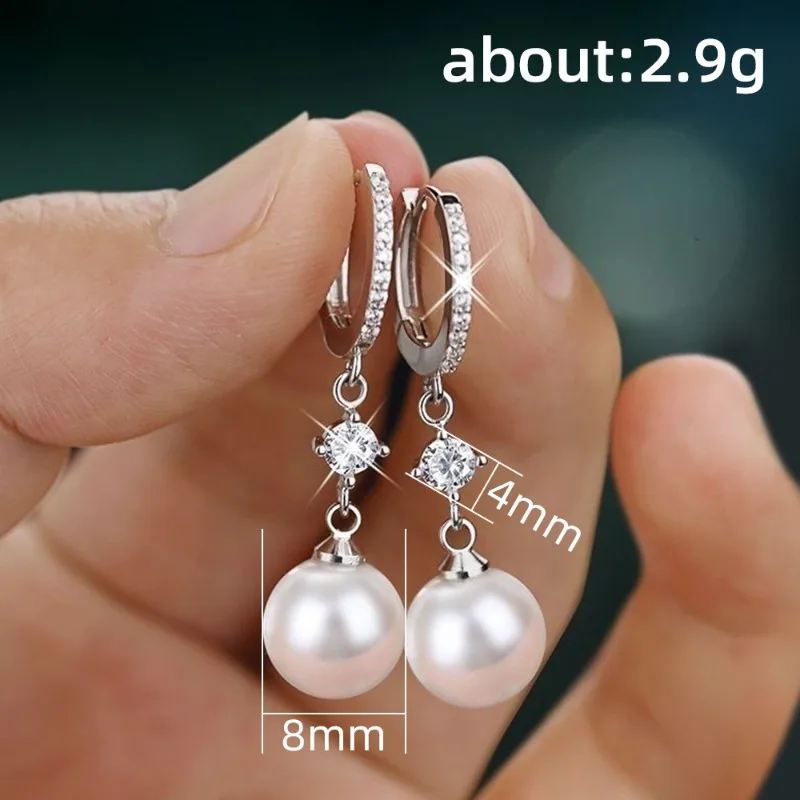 Huajie Imitation Pearl Shining Zircon Hanging Drop Earrings for Women Light Luxury Bridal Wedding Gorgeous Ear Jewelry