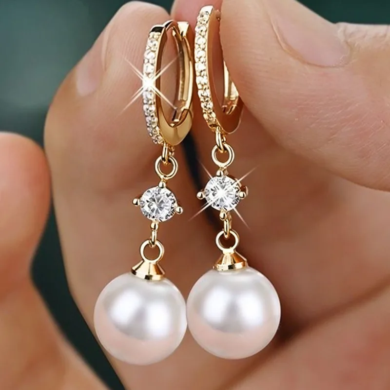 Huajie Imitation Pearl Shining Zircon Hanging Drop Earrings for Women Light Luxury Bridal Wedding Gorgeous Ear Jewelry