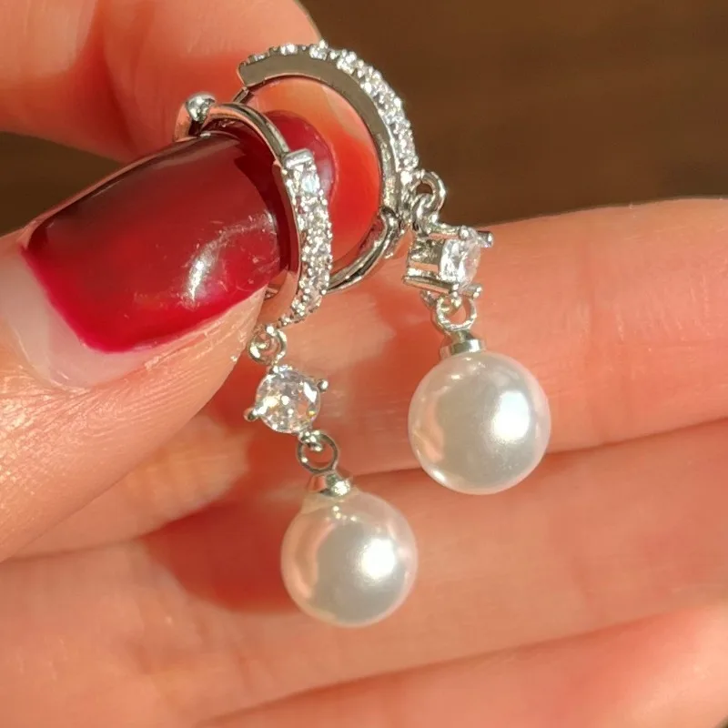 Huajie Imitation Pearl Shining Zircon Hanging Drop Earrings for Women Light Luxury Bridal Wedding Gorgeous Ear Jewelry