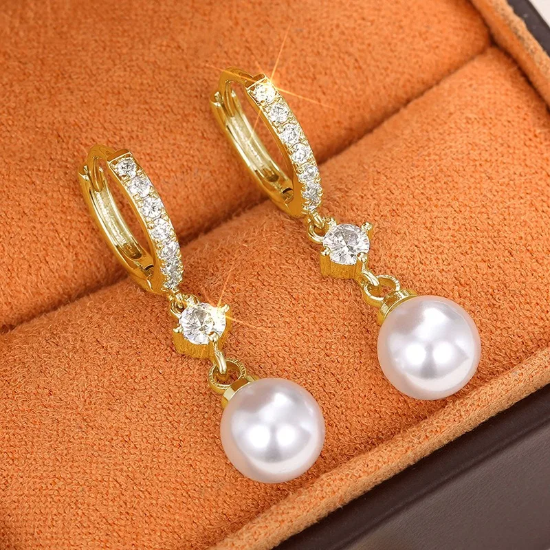 Huajie Imitation Pearl Shining Zircon Hanging Drop Earrings for Women Light Luxury Bridal Wedding Gorgeous Ear Jewelry