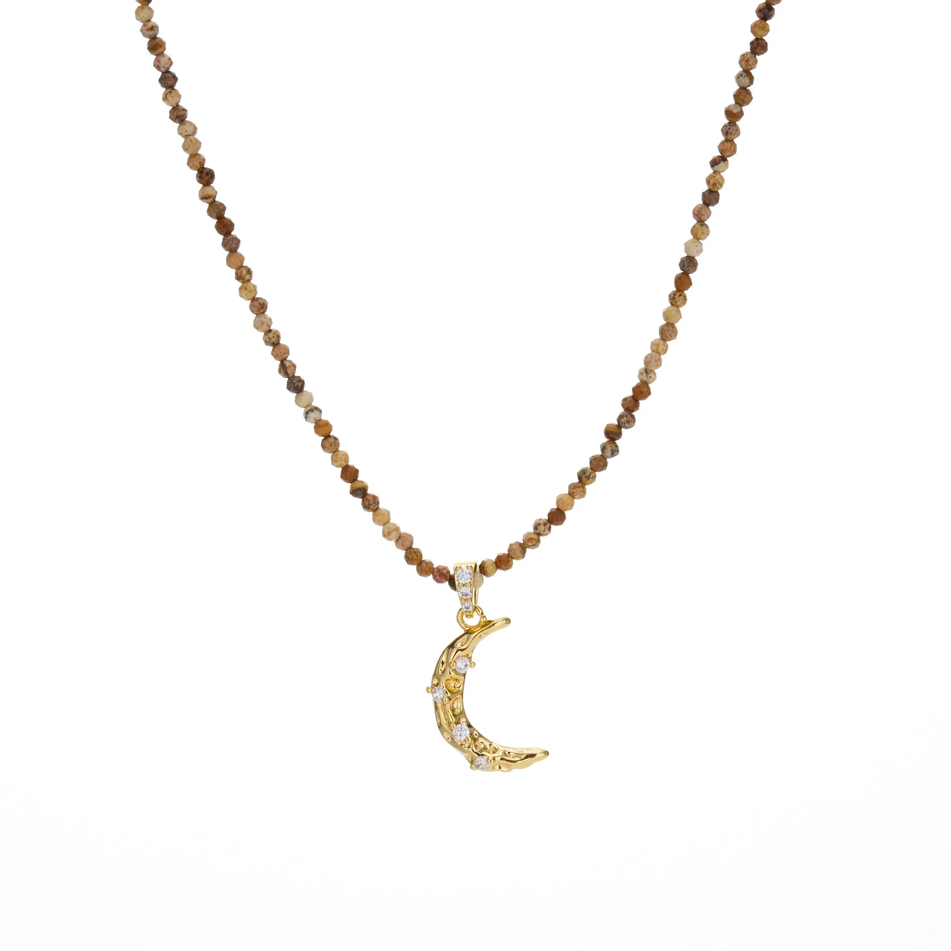 Vintage Dopamine Imitation Natural Stone Moon Pendant Layered Necklace for Women Niche Luxury Beaded Clavicle Chain Neck Jewelr