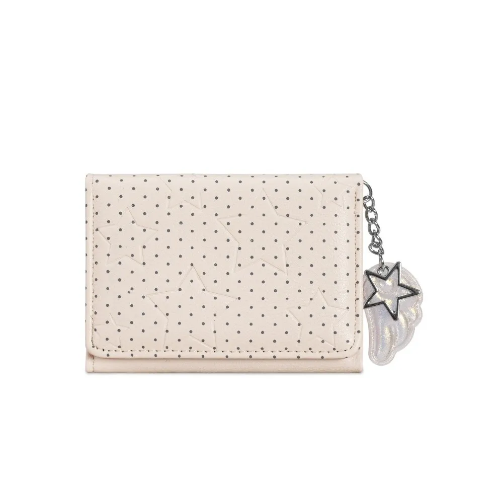Classic PU Leather Polka Dot Trifold Wallet Star Wing Pendant Lightweight Coin Purse ID Window 5 Card Slots Mini Wallet Girls