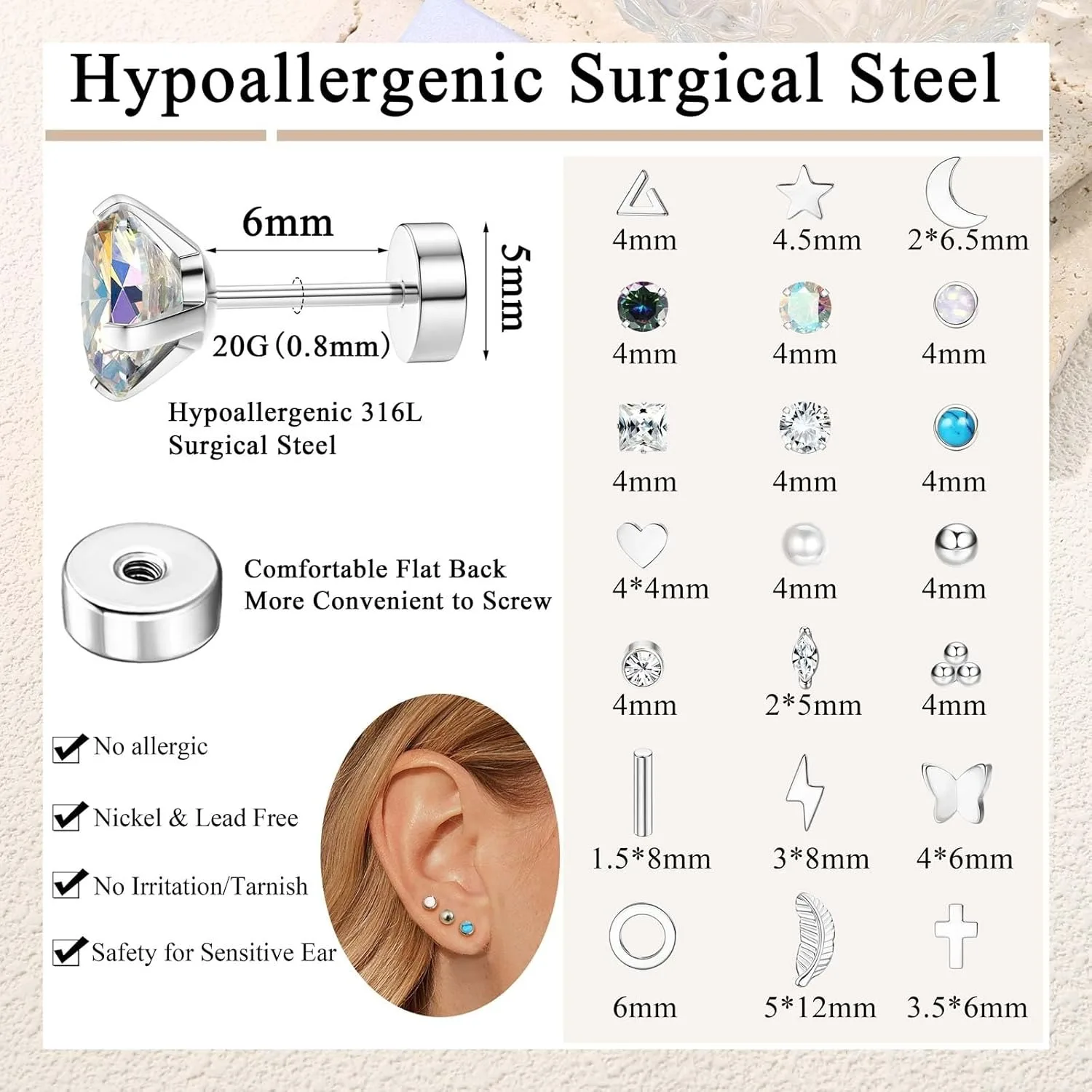 Florideco 1Pair Hypoallergenic Flat Back Stud Earrings for Women Men Surgical Stainless Steel Cartilage Studs Earrings Piercing
