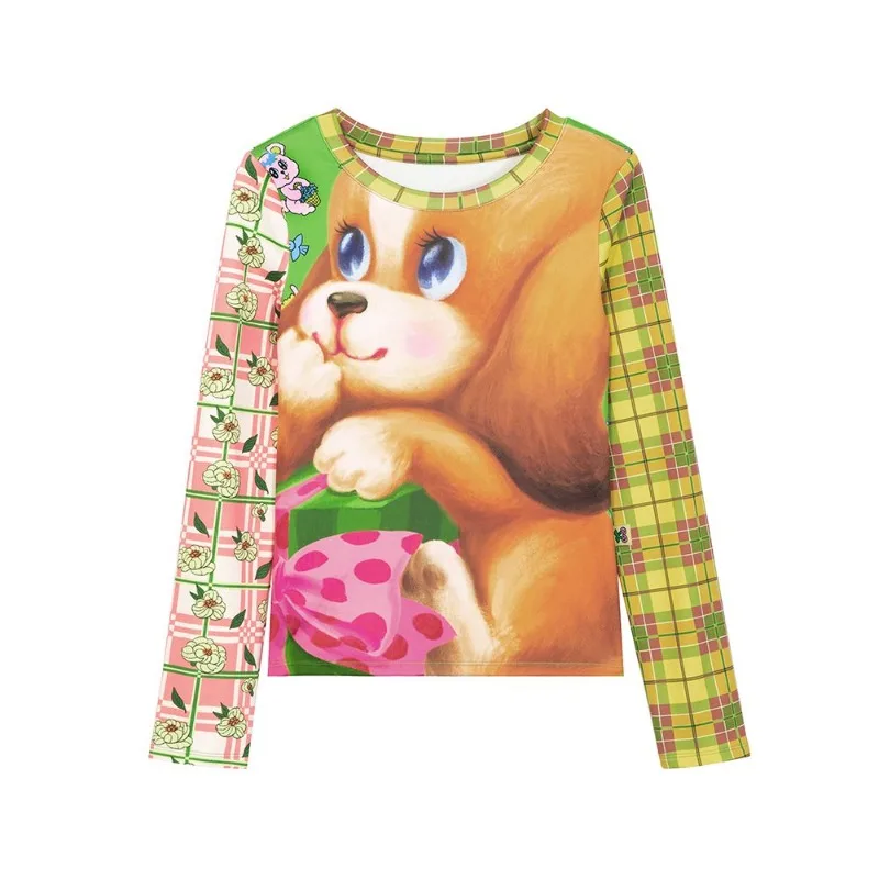 Tops T-shirt Women's Autumn/Winter Cartoon Print Long Sleeves Round Neck Slim Fit Patchwork New Comfortable Casual Chic Premium