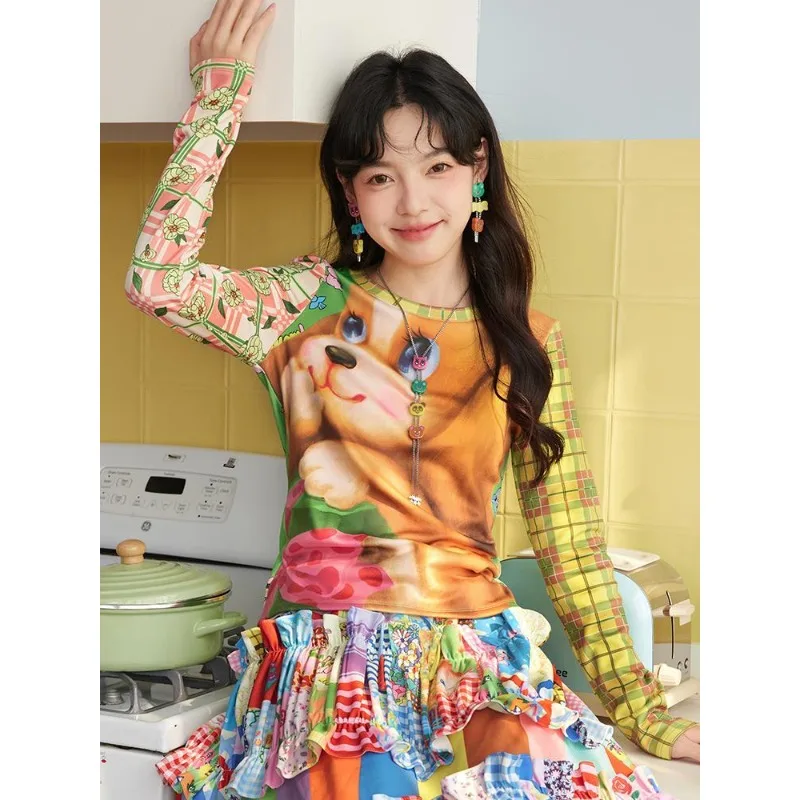 Tops T-shirt Women's Autumn/Winter Cartoon Print Long Sleeves Round Neck Slim Fit Patchwork New Comfortable Casual Chic Premium