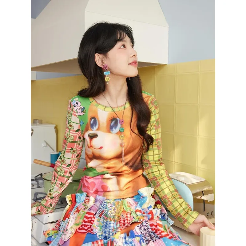 Tops T-shirt Women's Autumn/Winter Cartoon Print Long Sleeves Round Neck Slim Fit Patchwork New Comfortable Casual Chic Premium
