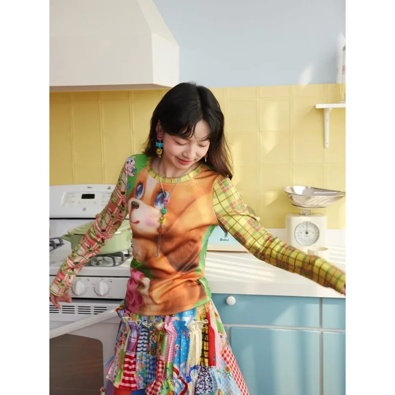 Tops T-shirt Women's Autumn/Winter Cartoon Print Long Sleeves Round Neck Slim Fit Patchwork New Comfortable Casual Chic Premium