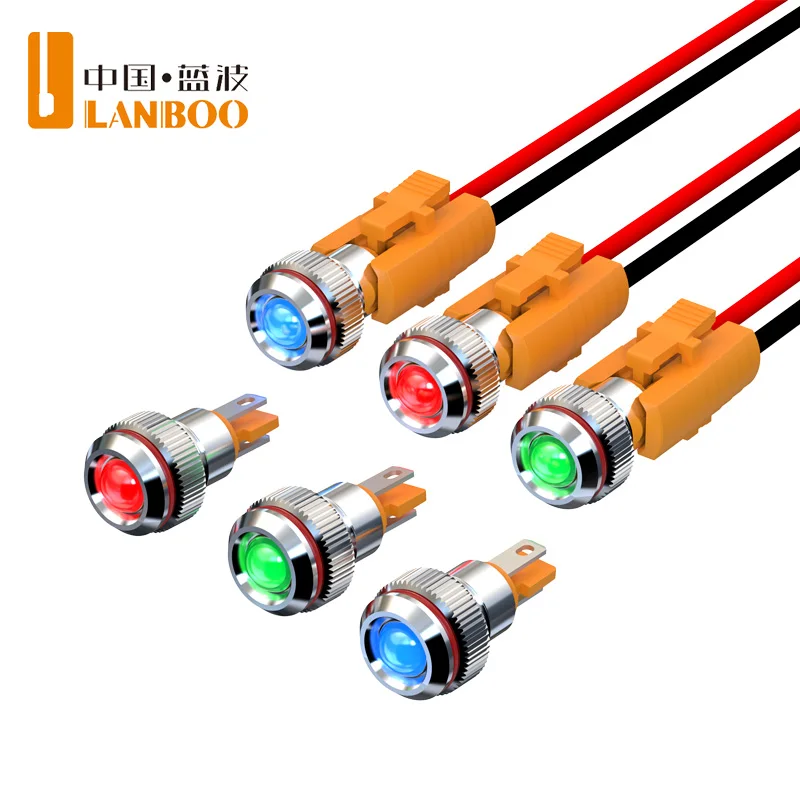 LANBOO 8mm High Brightness Metal LED Indicator Light Pin-Type Signal Light 5-24V 220V with Optional Connector for Electrical Use