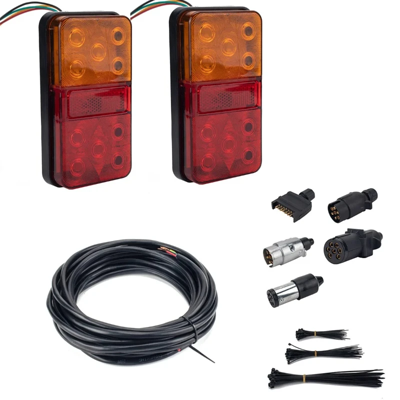 10 LED trailer taillights with plug, round connector, bracket, and rear license plate light kit (12V red and yellow taillights)