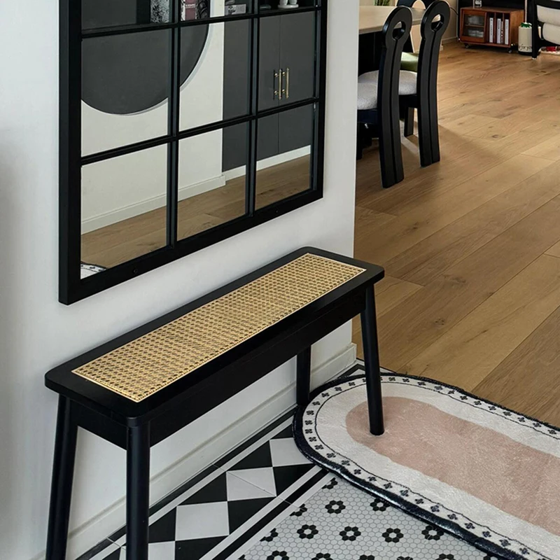 Solid Wood Shoe Bench Multi-Functional Hallway Ottoman Middle Ancient Style Bedroom Long Seat Rattan Weave Changing Shoe Stools