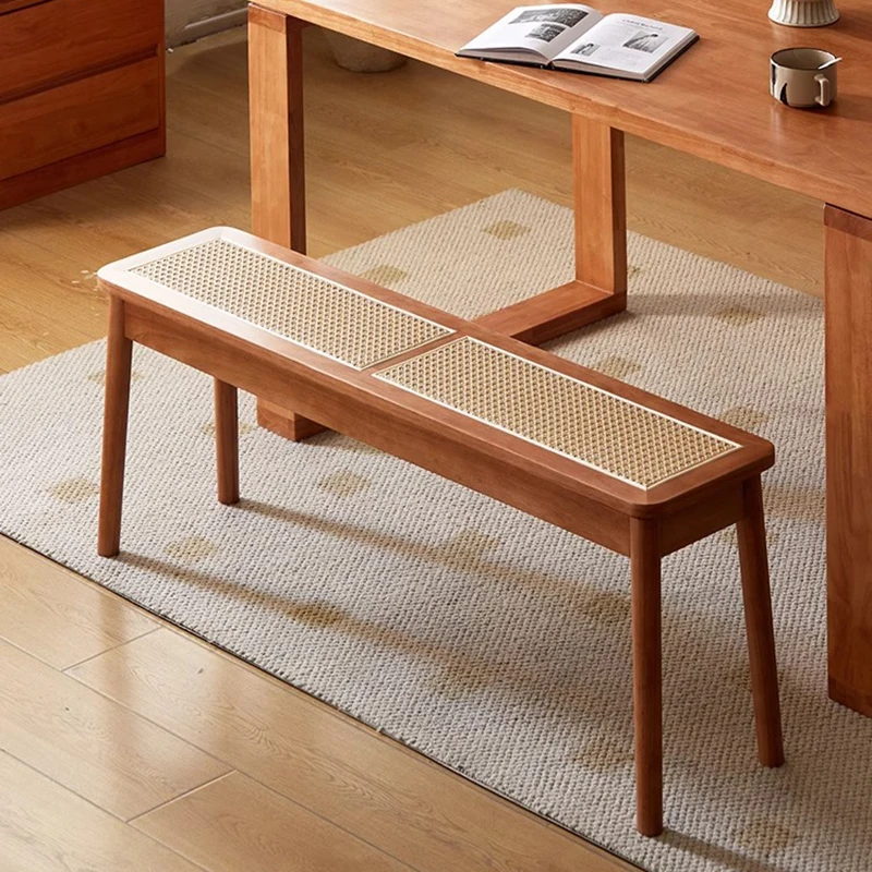 Solid Wood Shoe Bench Multi-Functional Hallway Ottoman Middle Ancient Style Bedroom Long Seat Rattan Weave Changing Shoe Stools