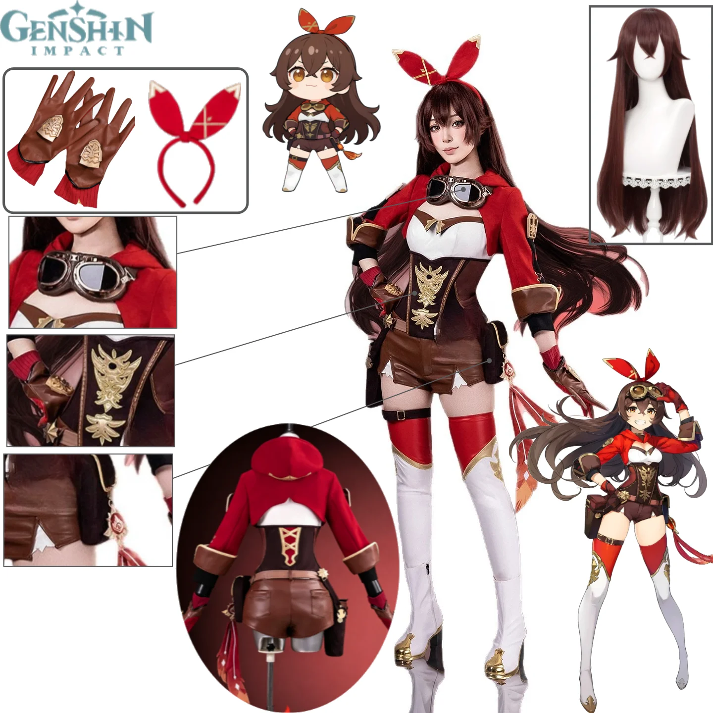 Genshin Impact Amber Cosplay Costume Knights of Favonius Full Set with Dress Wig Glasses Gloves Halloween Outfit for Women
