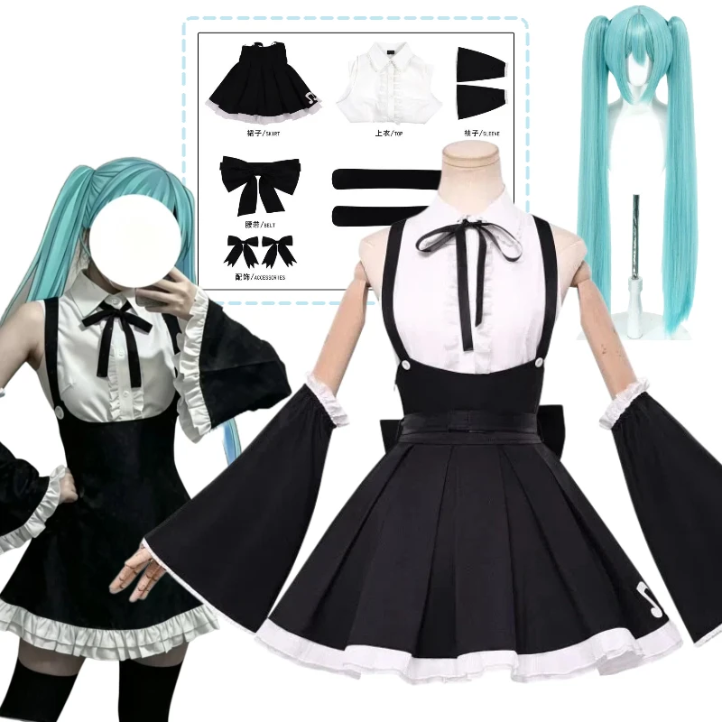 Anime Hatsunee Cosplay Virtual Singer Costume Gothic Style Black Dress Maid Uniform with Wig Full Set for Women