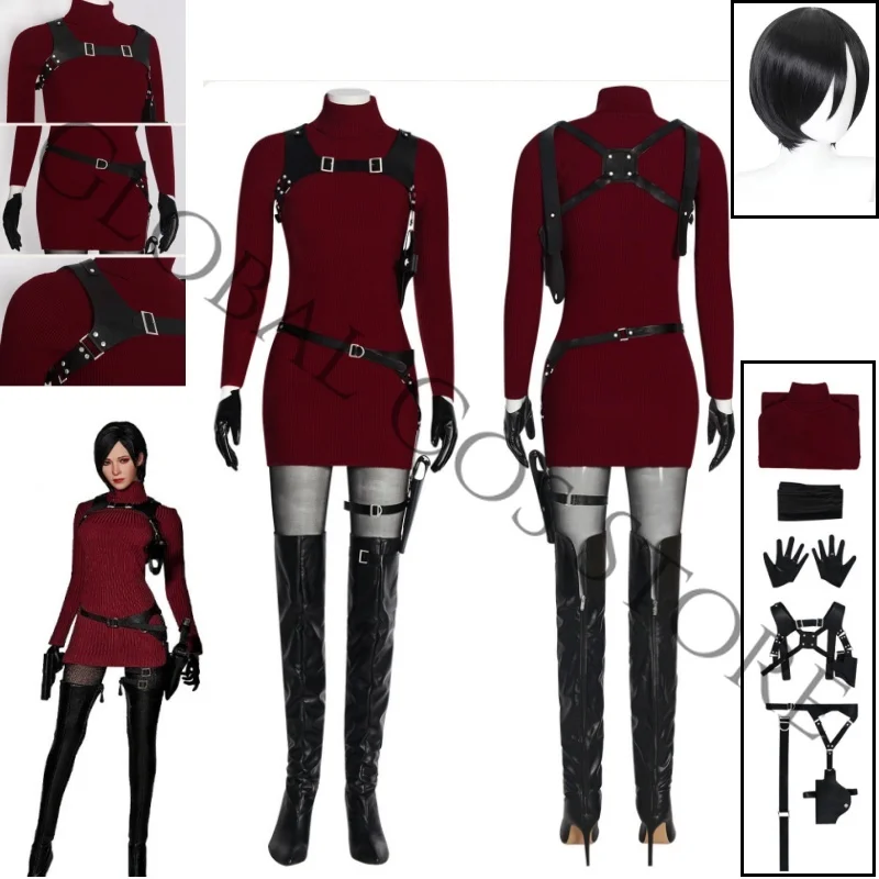 Movie Resident Evil 4 Remake Cosplay Ada Wong Costume Gloves Sweater Props Wig Set for Halloween Carnival Party Dress Up