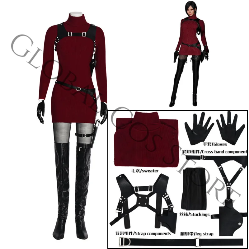 Movie Resident Evil 4 Remake Cosplay Ada Wong Costume Gloves Sweater Props Wig Set for Halloween Carnival Party Dress Up