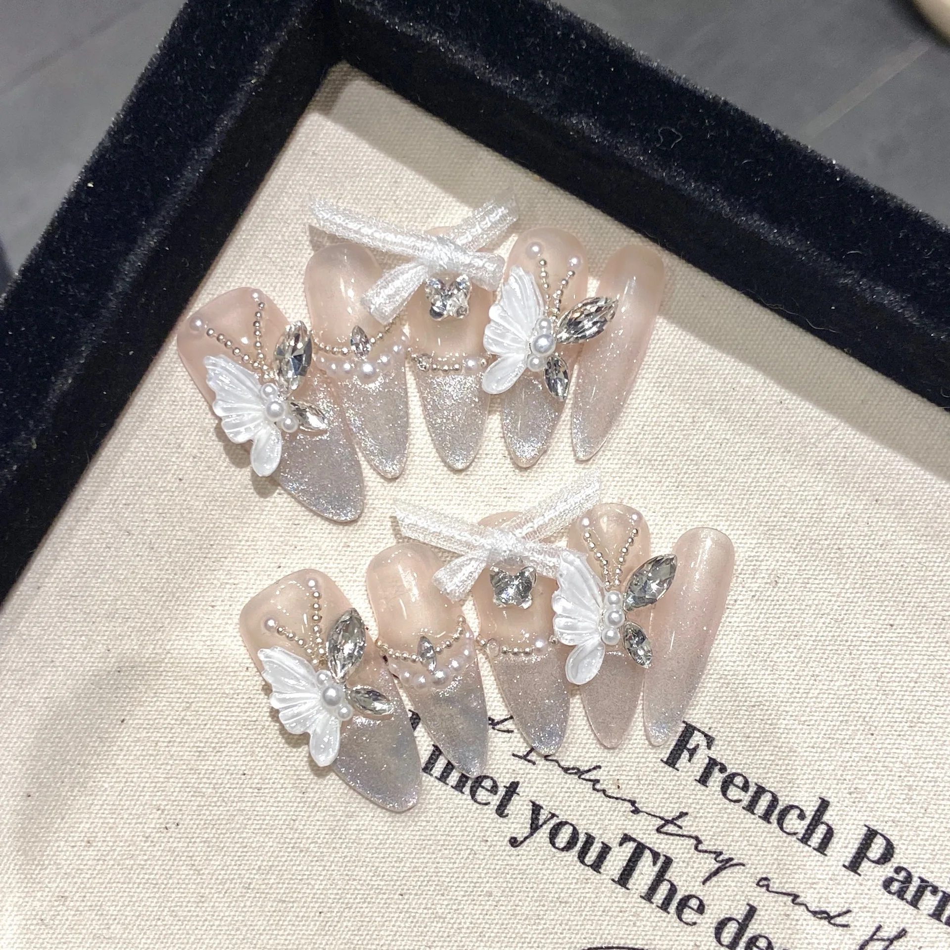 10Pcs 3D Butterfly Finished Long Fake Nails Tips Sets Press on French Cat's Eye Diamond Design Stick on Handmade False Nail Art