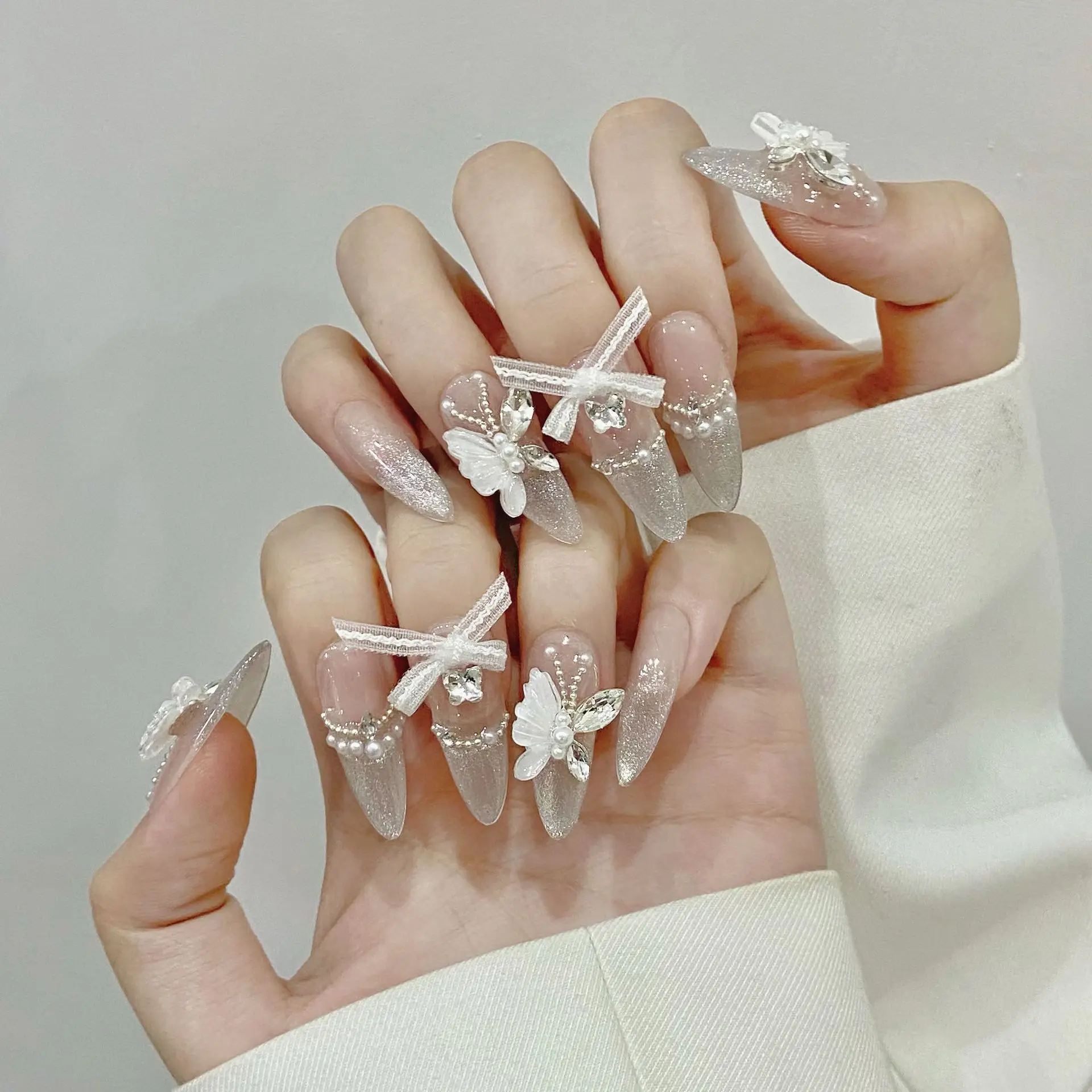 10Pcs 3D Butterfly Finished Long Fake Nails Tips Sets Press on French Cat's Eye Diamond Design Stick on Handmade False Nail Art