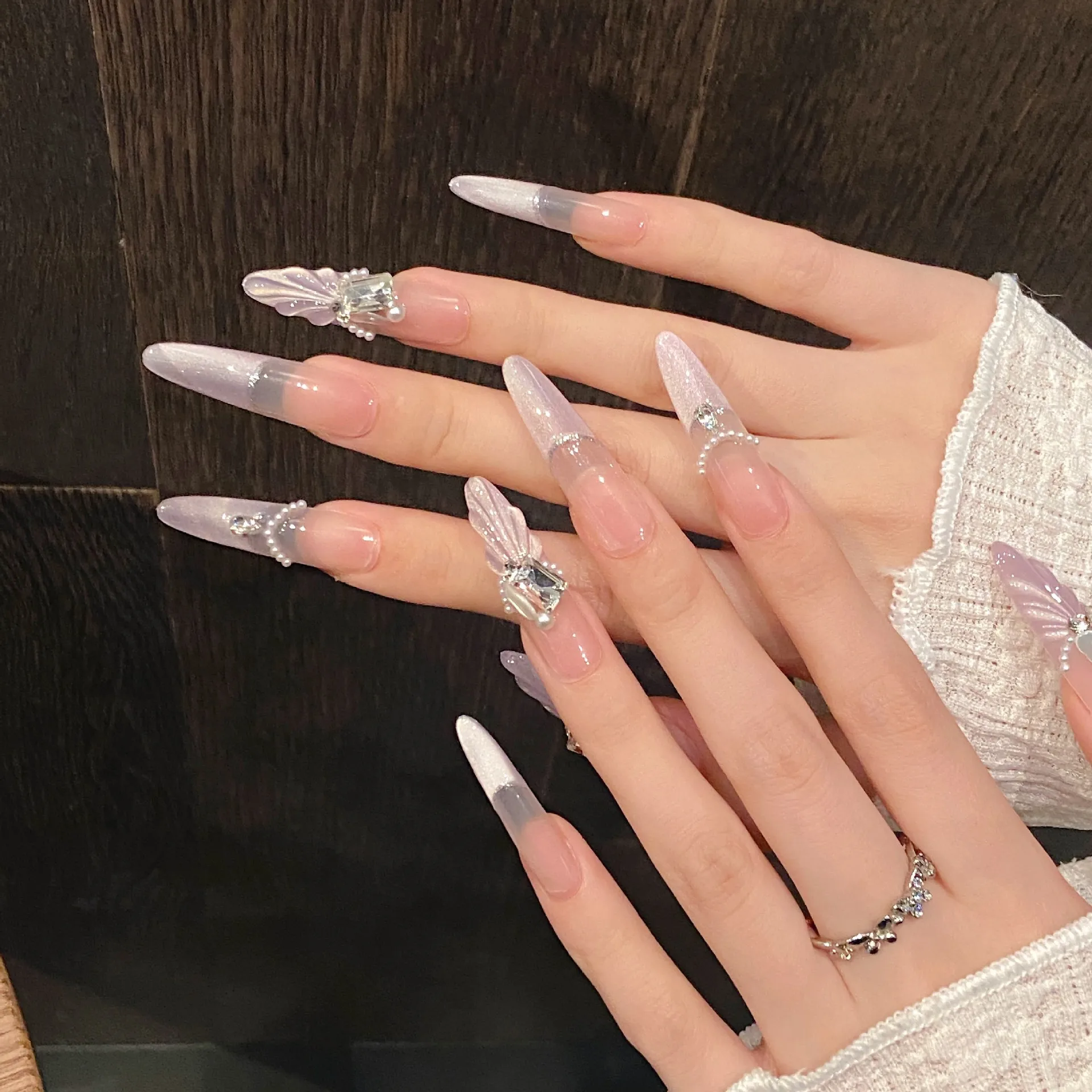 10Pcs 3D Butterfly Finished Long Fake Nails Tips Sets Press on French Cat's Eye Diamond Design Stick on Handmade False Nail Art