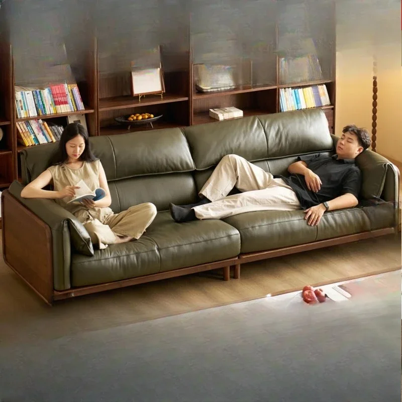North American black walnut leather sofa, living room solid wood leisure sofa, home straight sofa light luxury furniture