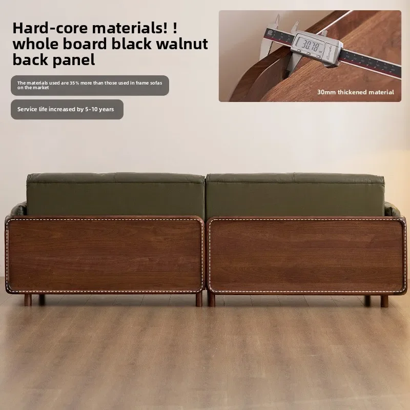 North American black walnut leather sofa, living room solid wood leisure sofa, home straight sofa light luxury furniture
