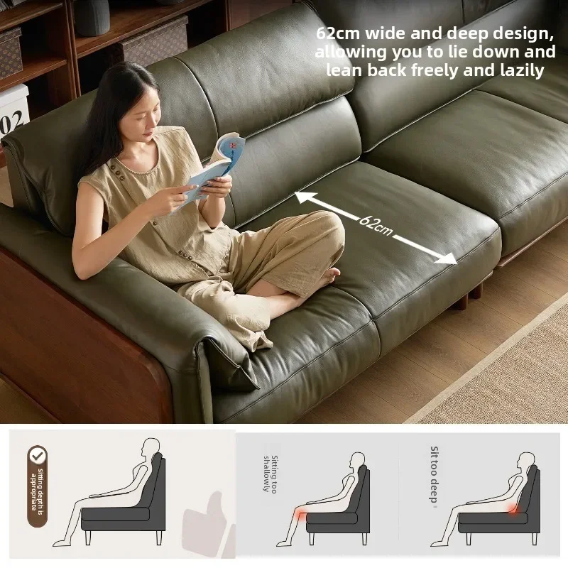 North American black walnut leather sofa, living room solid wood leisure sofa, home straight sofa light luxury furniture