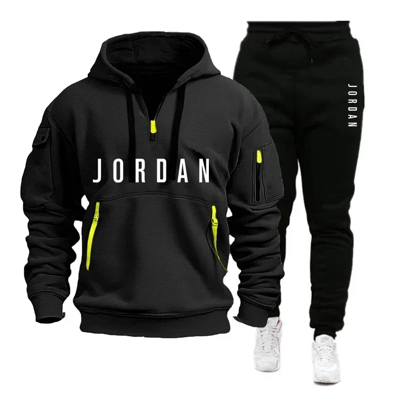 2026 Autumn and Winter New Men's Fashionable Casual Multi-Pocket Zipper Hooded Sweatshirt and Outdoor Jogging Sports Pants Set