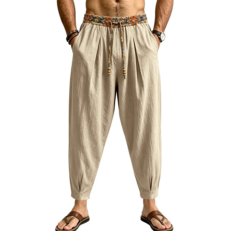 Bohemian Floral Waist Men Linen Pants Loose Ankle Drawstring Joggers Breathable Summer Beach Casual Travel Male Trousers S-3XL