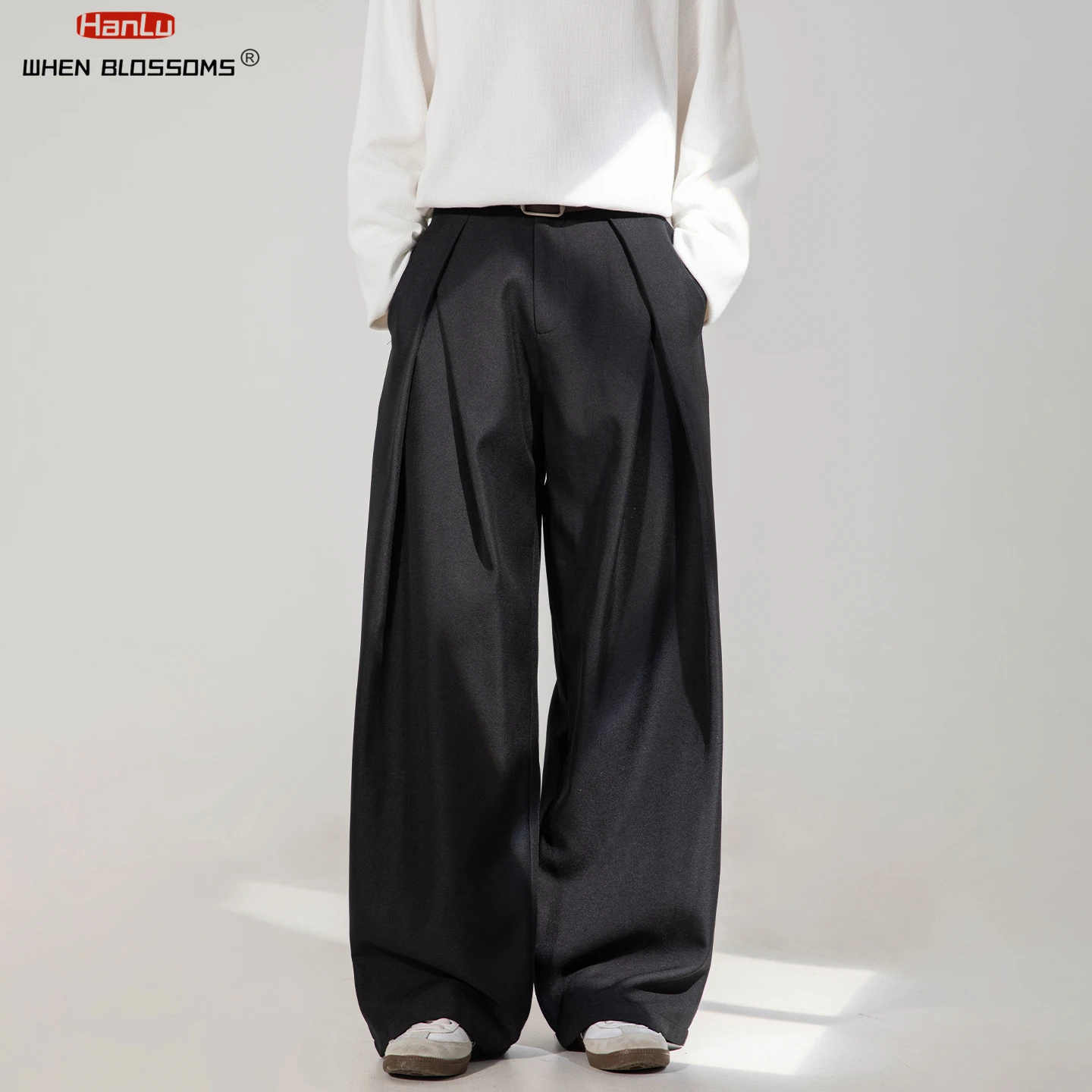 HANGLU 2025 Men's Cross Pleated Trousers Drape Relaxed Fit Straight Leg Vintage Streetwear Casual Office Pants