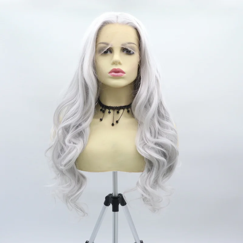 Hand-woven front lace silver-gray 13*3 middle-parted large wavy long curly hair synthetic wig