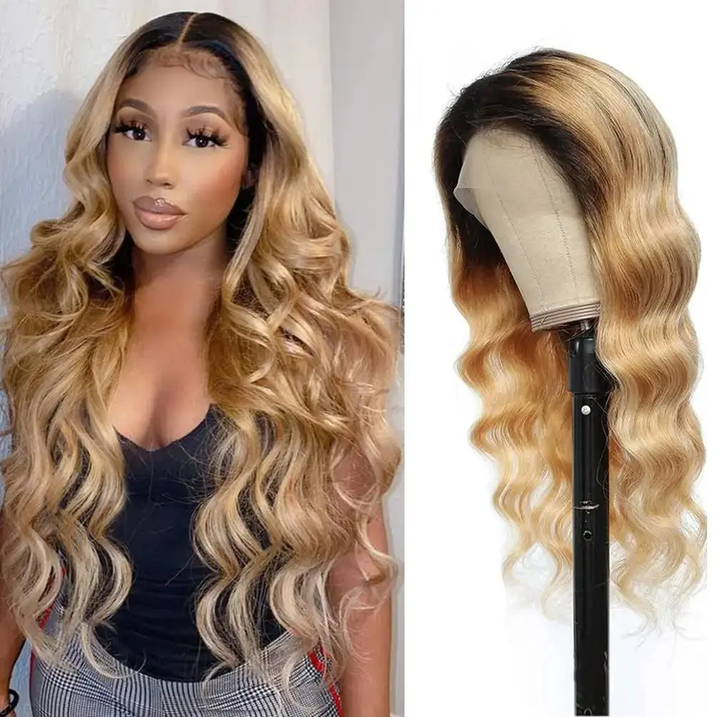 1B/27 Human Hair Colored Body Wave 4x4 Hd Lace Frontal Wig Honey Blond Lace Front Wigs Human Hair 4×4