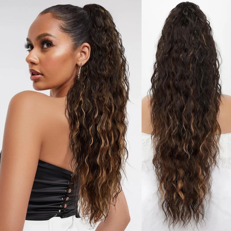 European and American style women's wig with wavy long curly , fluffy corn perm, claw clip ponytail hair extension