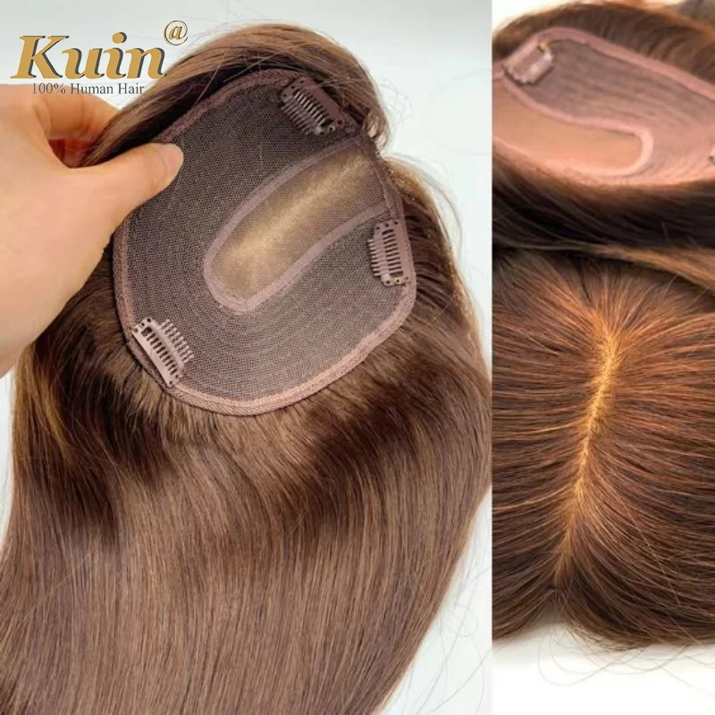 Women Toupee Silk Base Topper Clip In Real Human Hair Wigs Hairpiece With Bangs Straight Hair Toppers For Women Hair Extensions