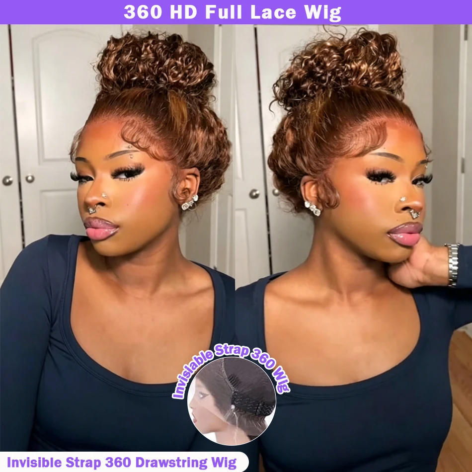 Highlight Ombre Hidden Strap 360 Drawstring Wigs Human Hair Pre Plucked Pre Bleached 260 Density Deep Wave Full Lace Frontal Wig