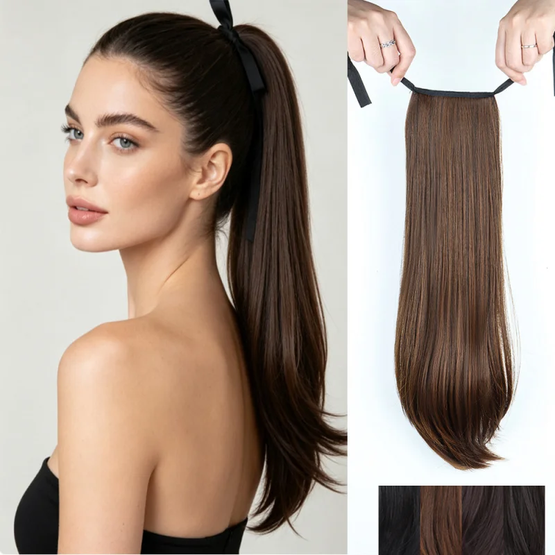 Women's long straight hair wig with a tied-on, slightly upturned and a high crown, natural-looking Ponytail