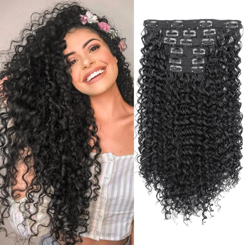 European and American style clips 6-piece set 26-inch hair extensions fluffy black small curly long synthetic fiber wig