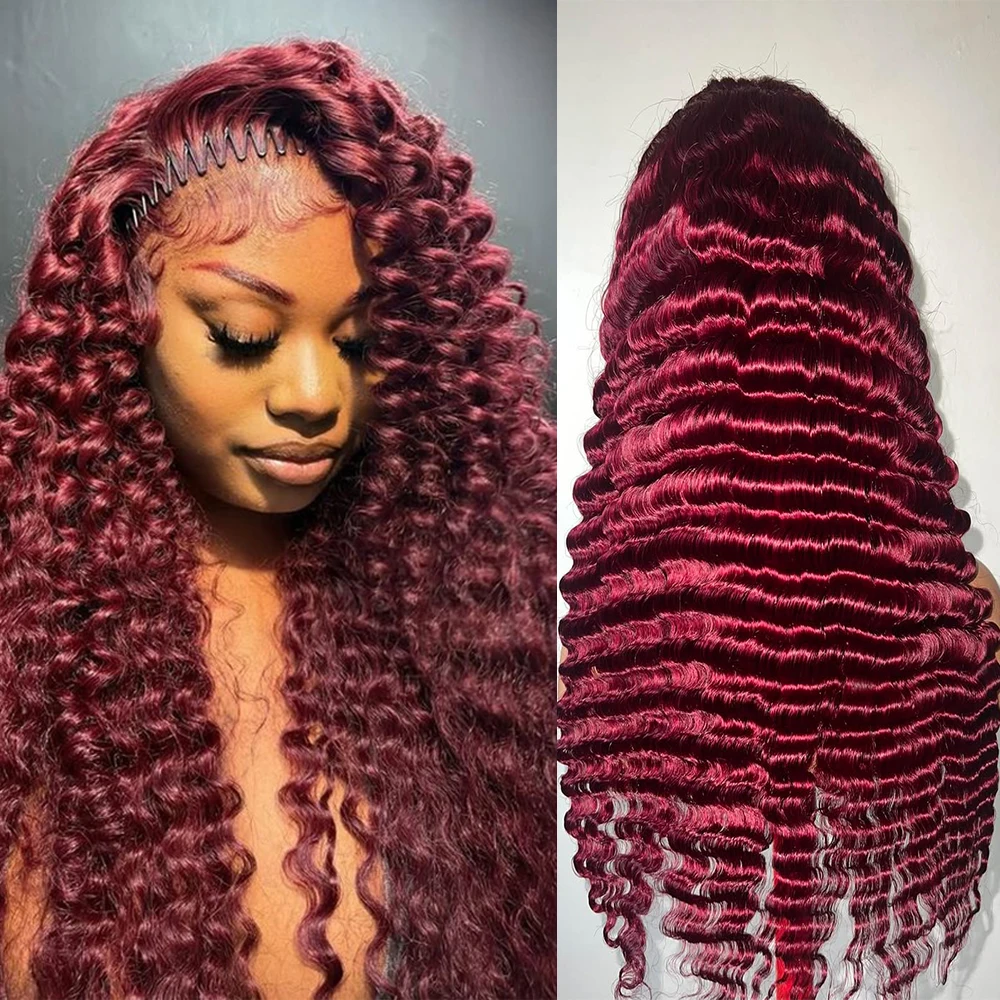 99J Burgundy 210 Density Deep Wave Lace Frontal Wig 13x6 Transparent Lace Front Curly Human Hair Wigs Pre Plucked Human Hair Wig