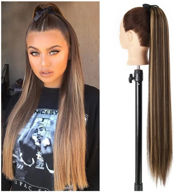 European and American style women's wig, strap-on long straight hair , natural invisible fake ponytail