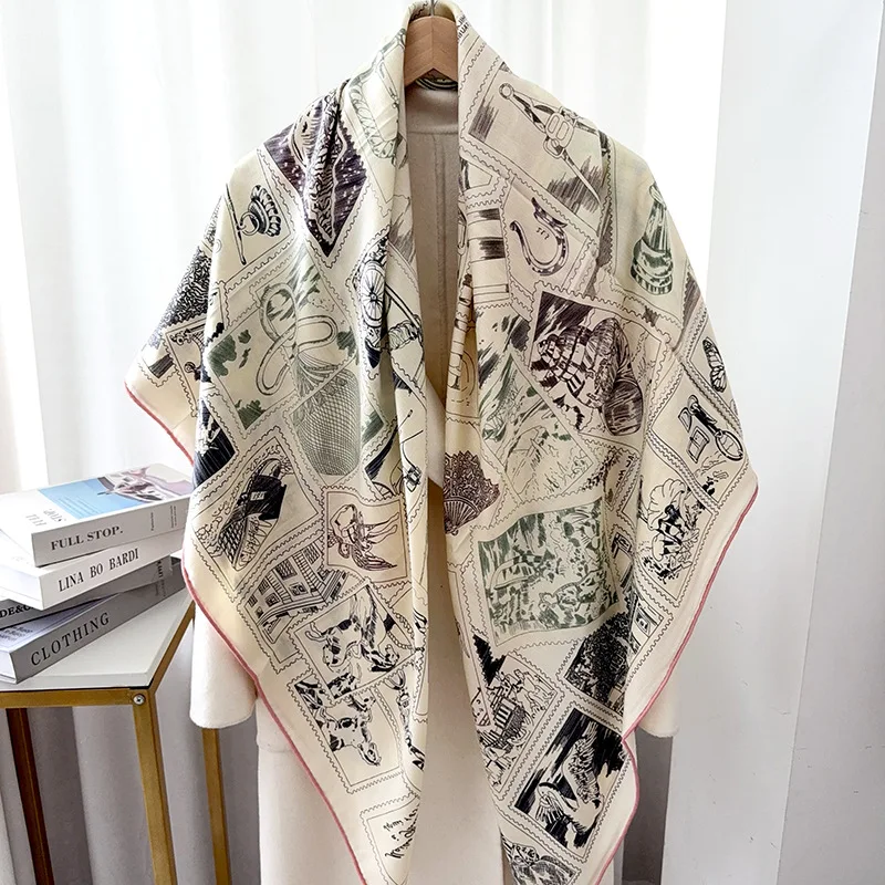 Double Sided Silk Wool Scarf Women Hand Rolled Edges Shawls Winter Accessories Luxury Head Hair Big Bandanas Decoration 140