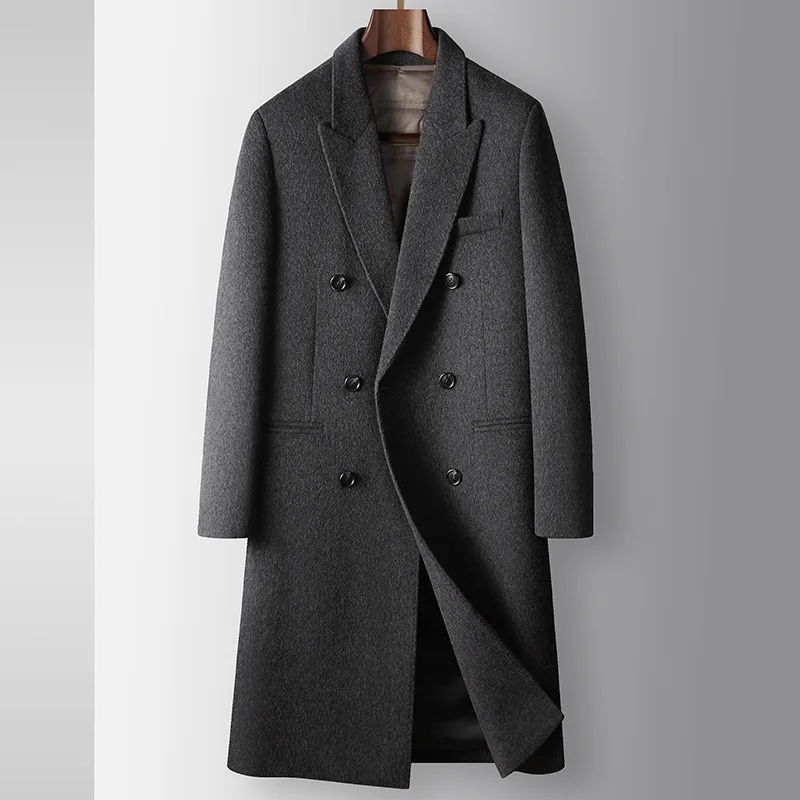 Men Woolen Coat Autumn Winter Long Double-breasted Down Business Woolen Coat