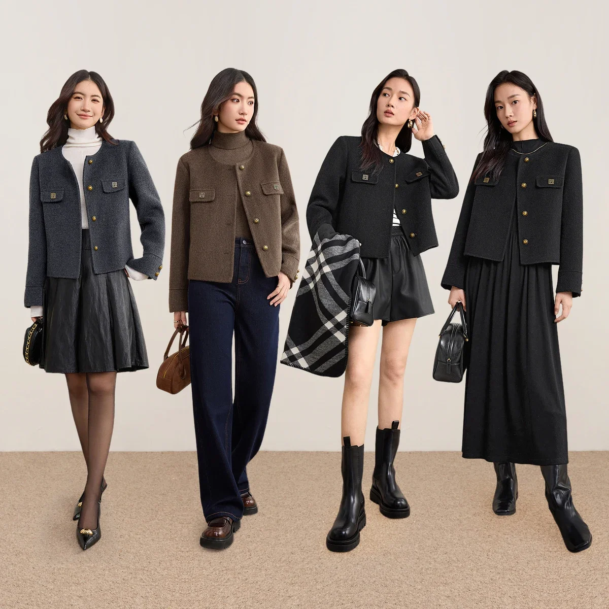 SENTUBILA Winter Pure Wool Coat 2026 Women's Double Faced Warm Cropped Jacket Round Neck Tweed Ladies Outerwear W54OF8773