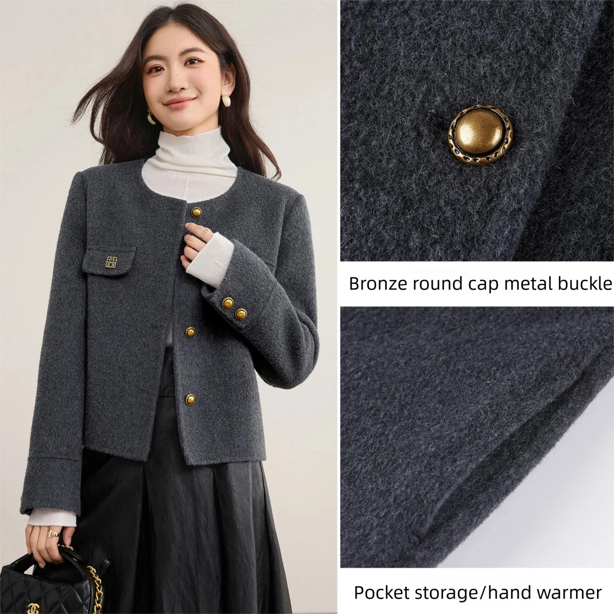 SENTUBILA Winter Pure Wool Coat 2026 Women's Double Faced Warm Cropped Jacket Round Neck Tweed Ladies Outerwear W54OF8773