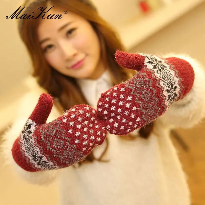 Maikun New Autumn And Wnter Gloves Ladies Double-Layer Plus Velvet Thick Warm Knitted Bag Finger gloves